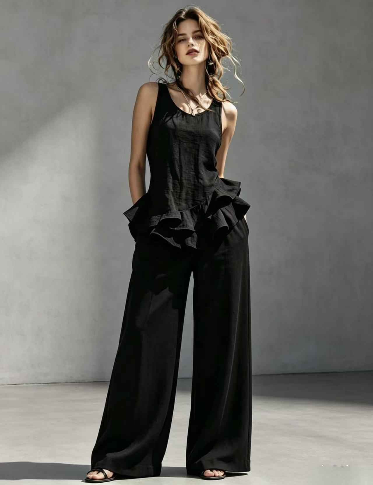Sleeveless Ruffle Hem Top & High-Waisted Wide Leg Pants Two-Piece Set