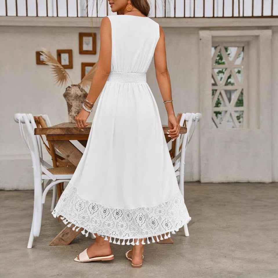 Strappy V-Neck Backless Lace Dress — Elegant Mid-Rise