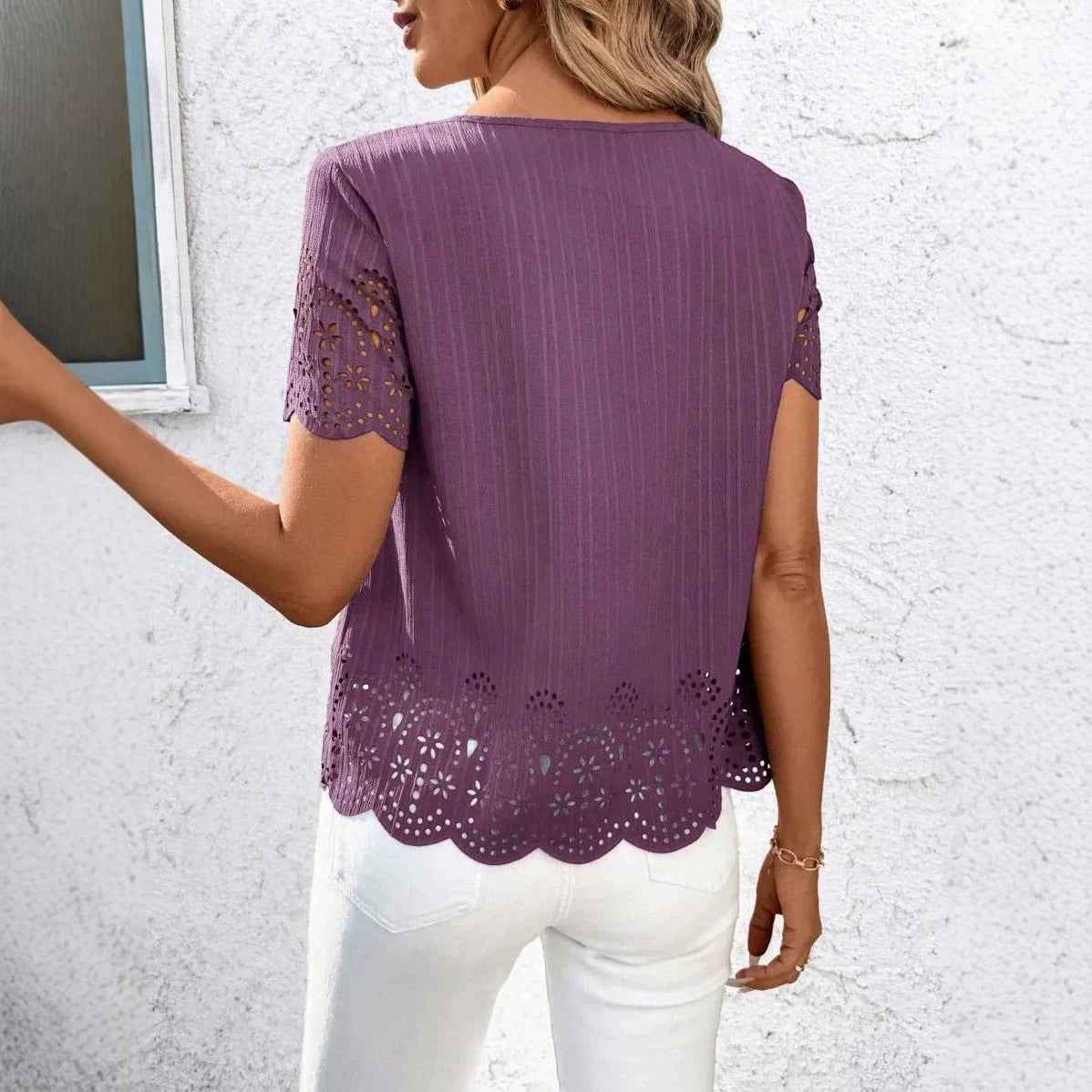 European And American Plus Size Womens Round Neck Hollow Out Short Sleeve Top With Burned Out Floral Design