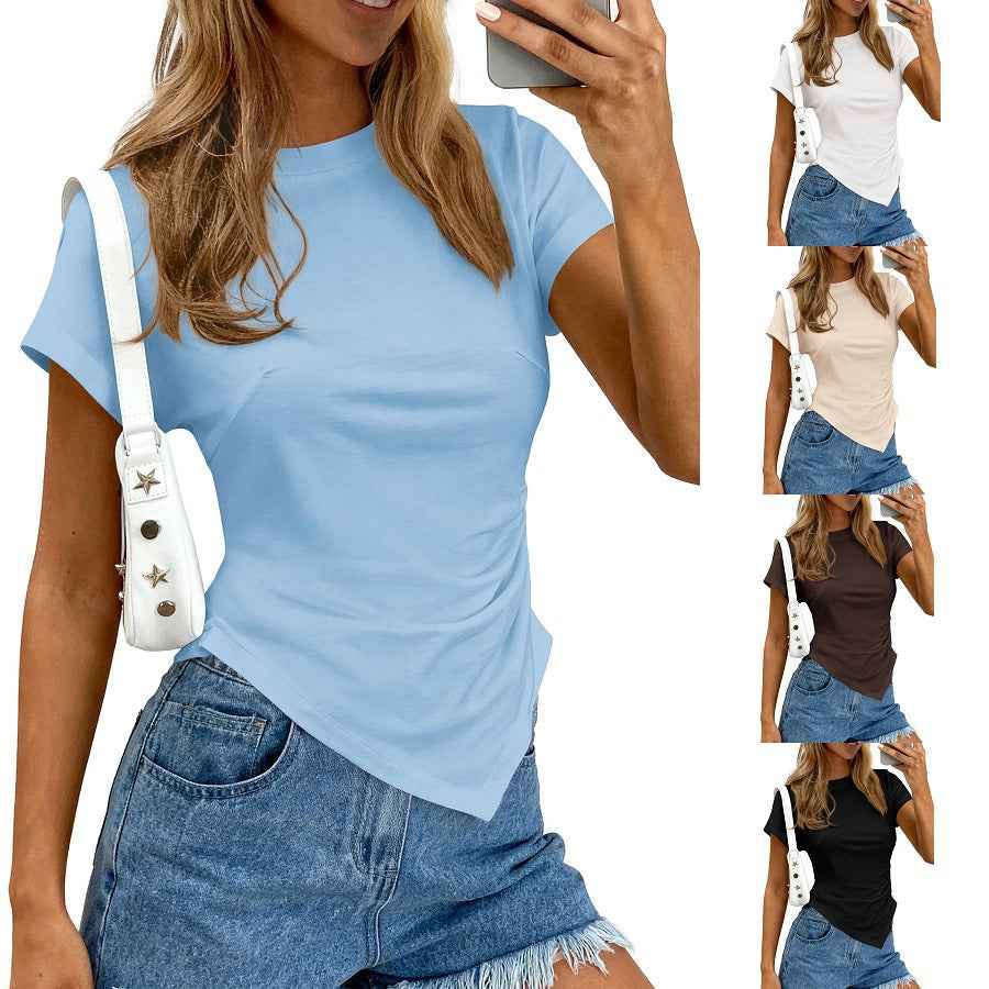 Womens Solid-Color Crew-Neck Y2K Asymmetric Pleated Top