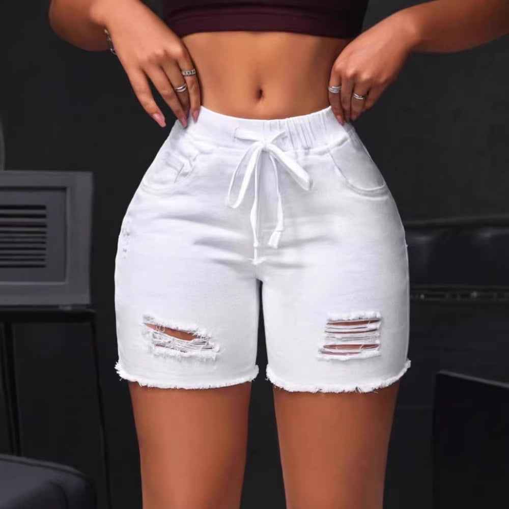 Mid-High Waist Ripped Denim Shorts — White & Black, S–XL