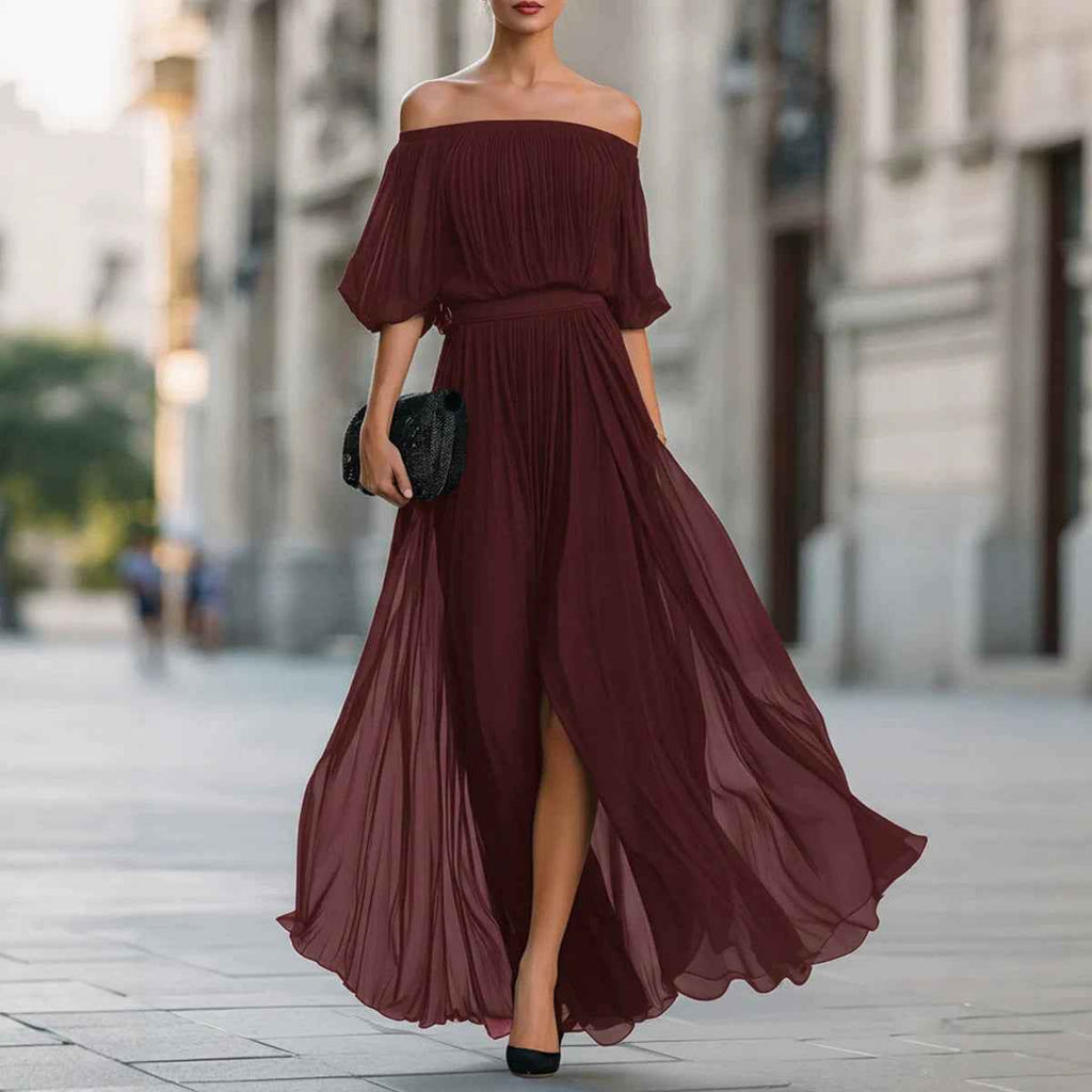 Off-Shoulder Pleated Chiffon Midi Dress — Short Sleeve Slim-Fit