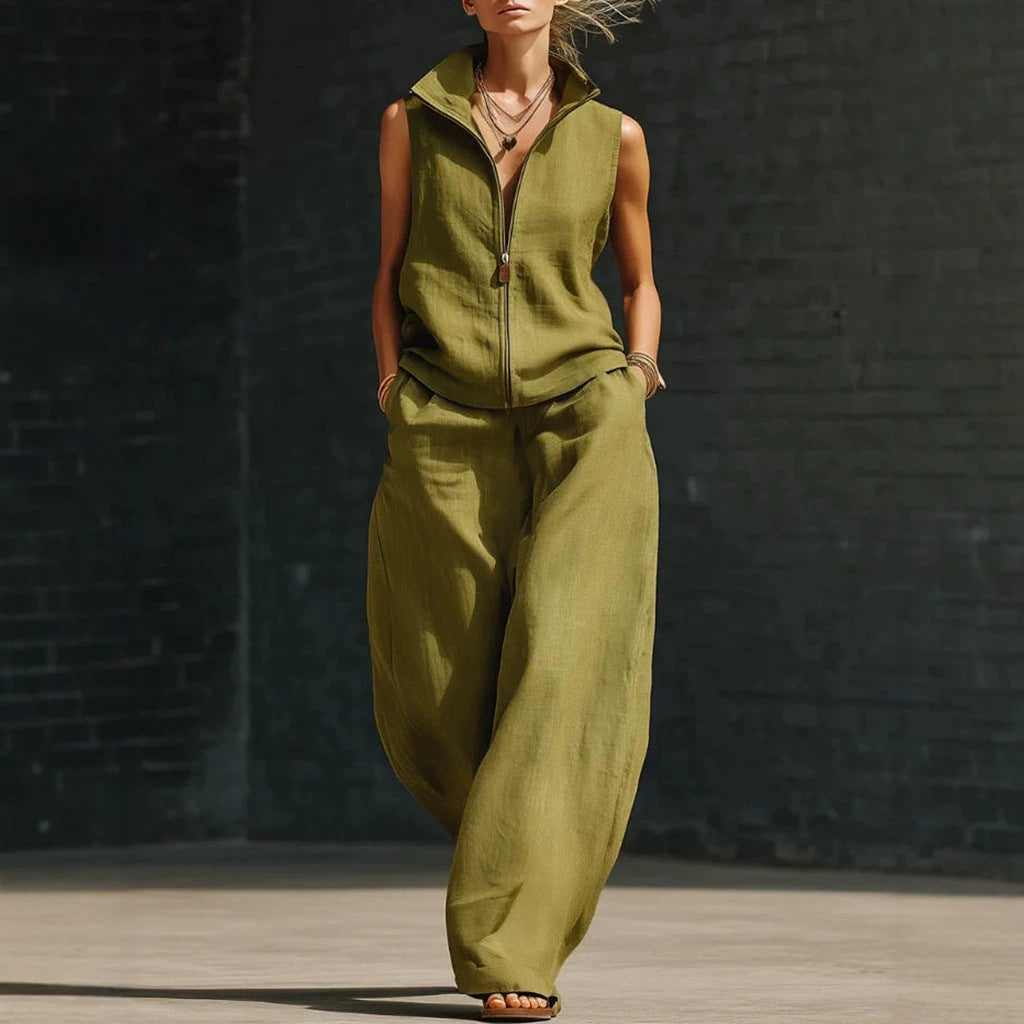 Sleeveless Stand-Collar Zip Linen Cardigan & Full-Length Pants Set