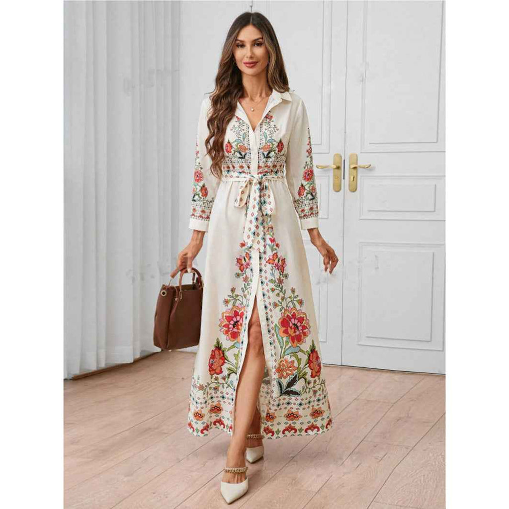 Women's Floral Print Long-Sleeve Shirt Dress — Mid-Length