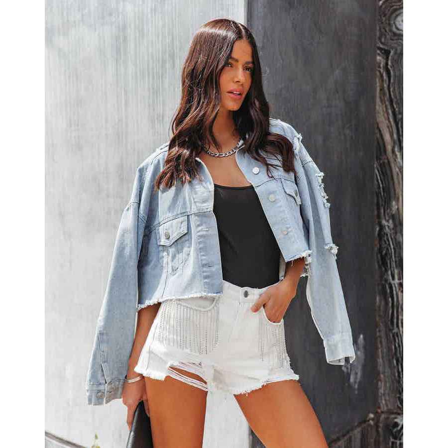 Distressed Denim Shorts — Fringe & Chain Detail