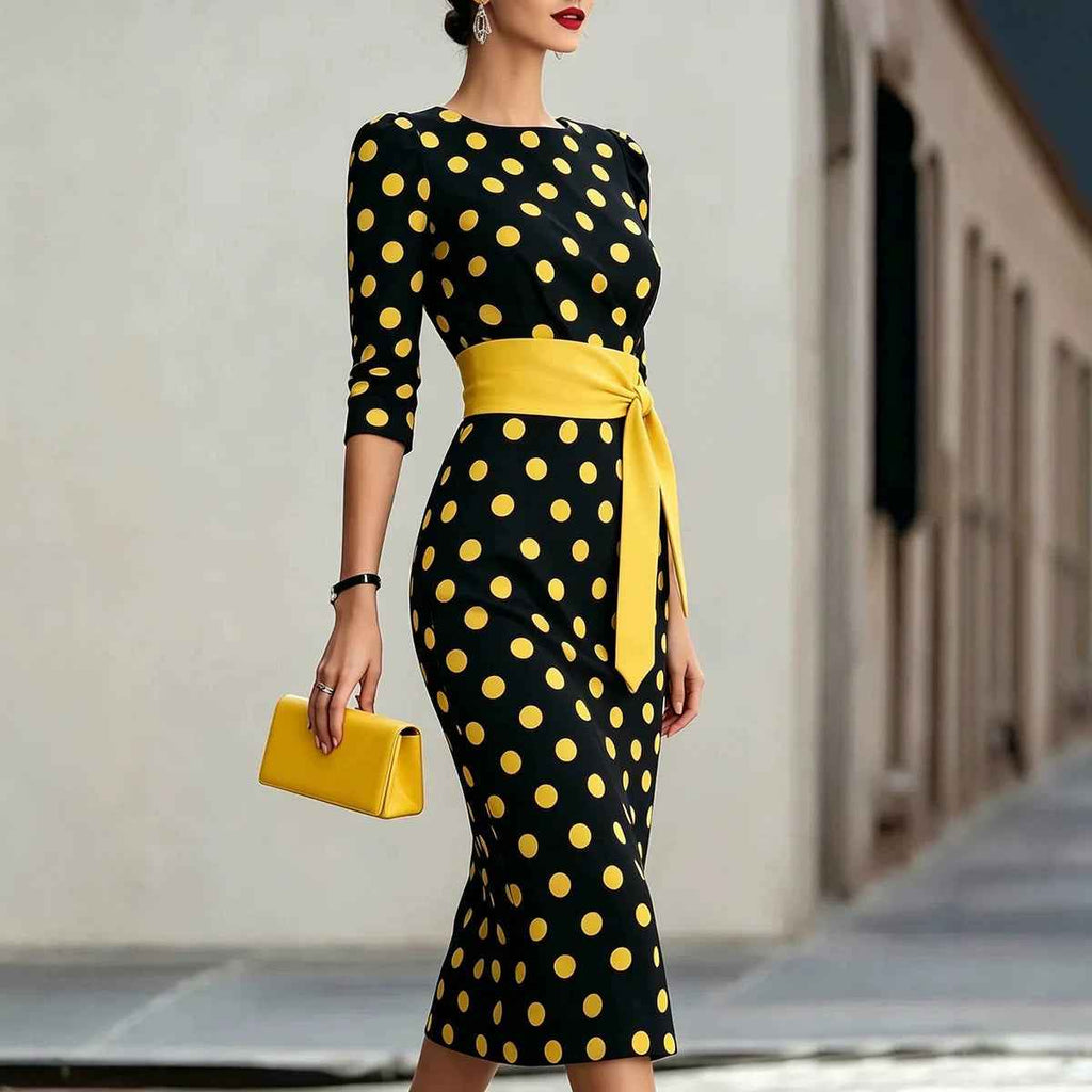 Polka Dot Cross-Tie Knit Bodycon Midi Dress