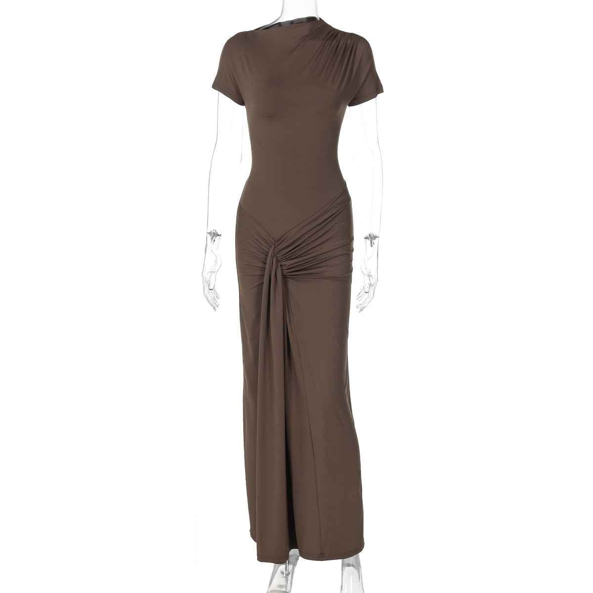 High-Neck Ruched Bodycon Maxi Dress – Waist-Tie Short Sleeve
