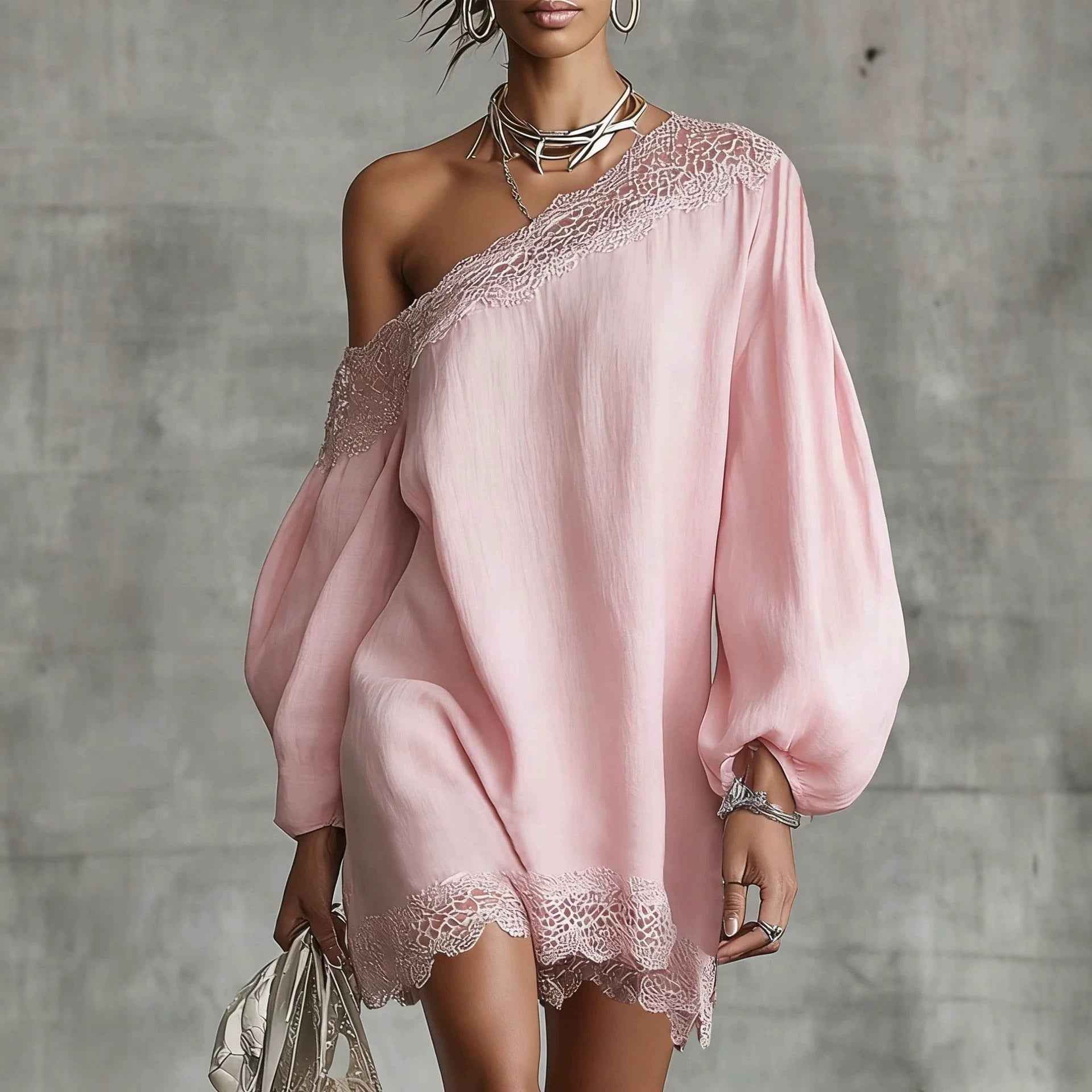 Solid-color Lace-trimmed Casual Off-shoulder Long-sleeve Top