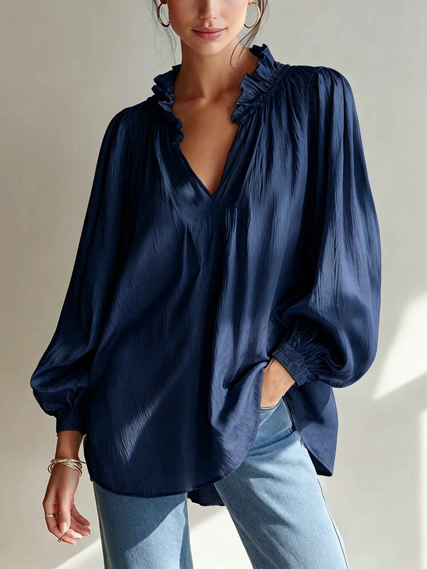 V-neck Loose-fitting Top With Puffed Balloon Sleeves