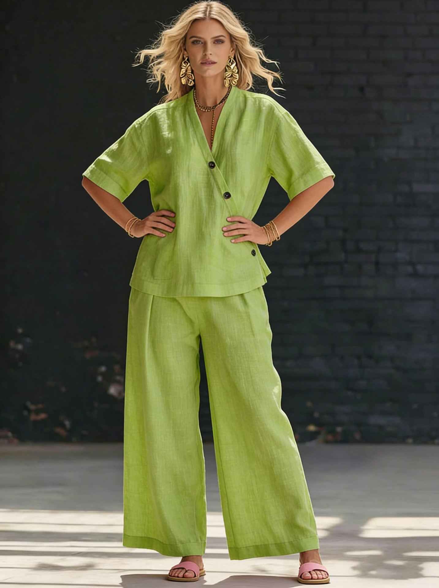 Womens V-neck Short-sleeve T-shirt And High-waisted Trousers Set