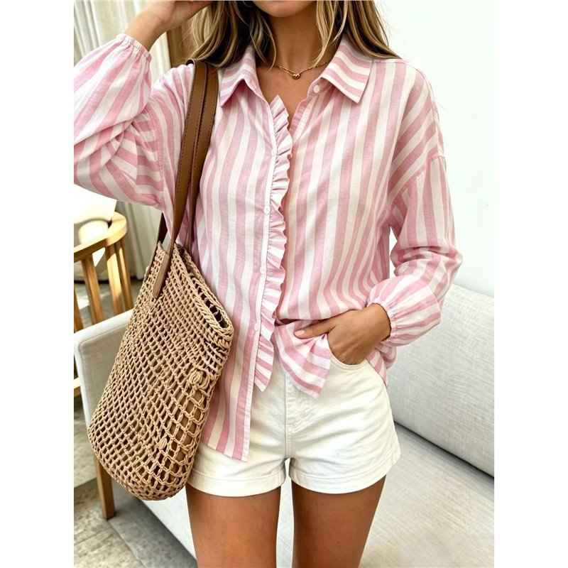 Women's Striped Puff-Sleeve Lapel Shirt