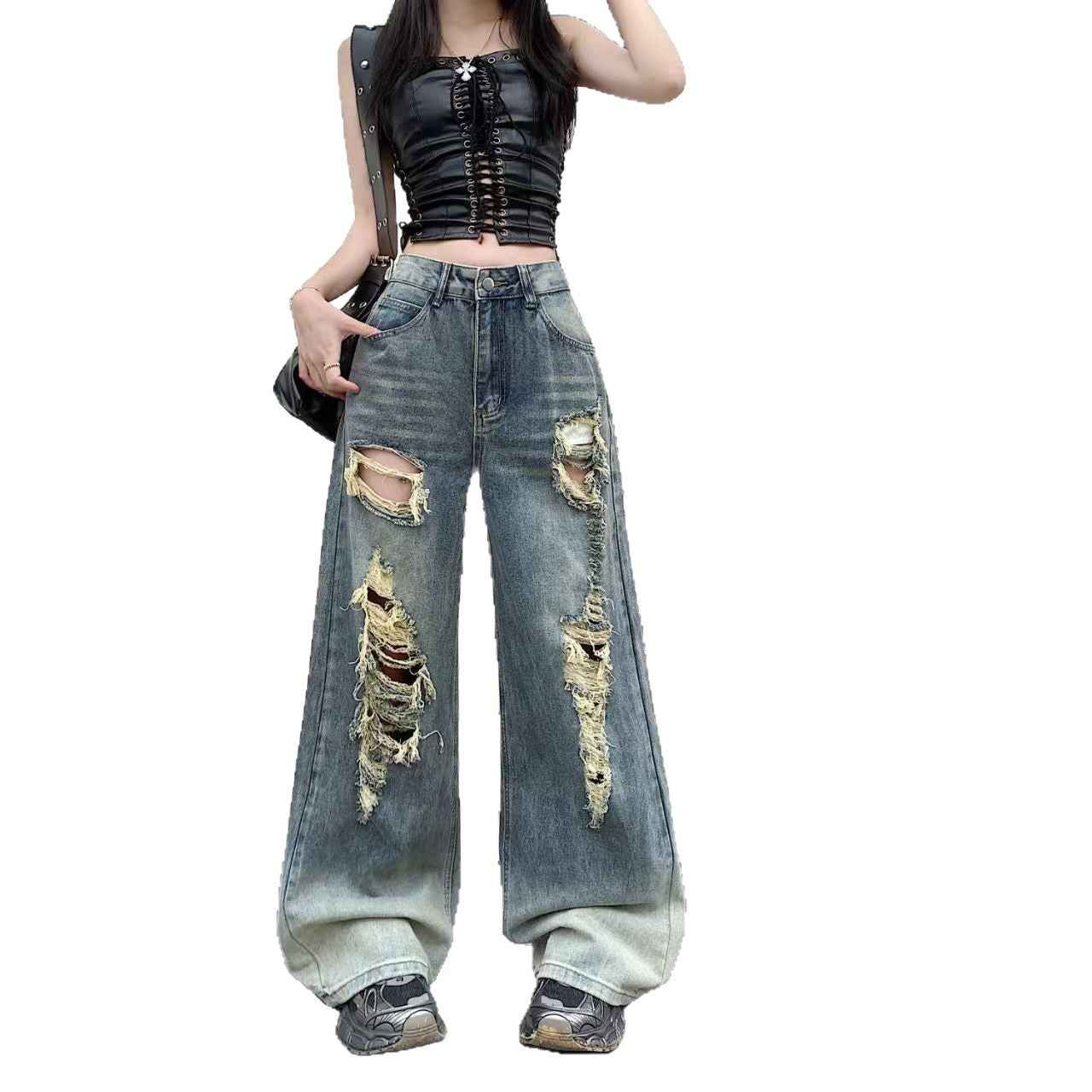 Women's High-Waisted Ripped Straight-Leg Jeans – Vintage Blue