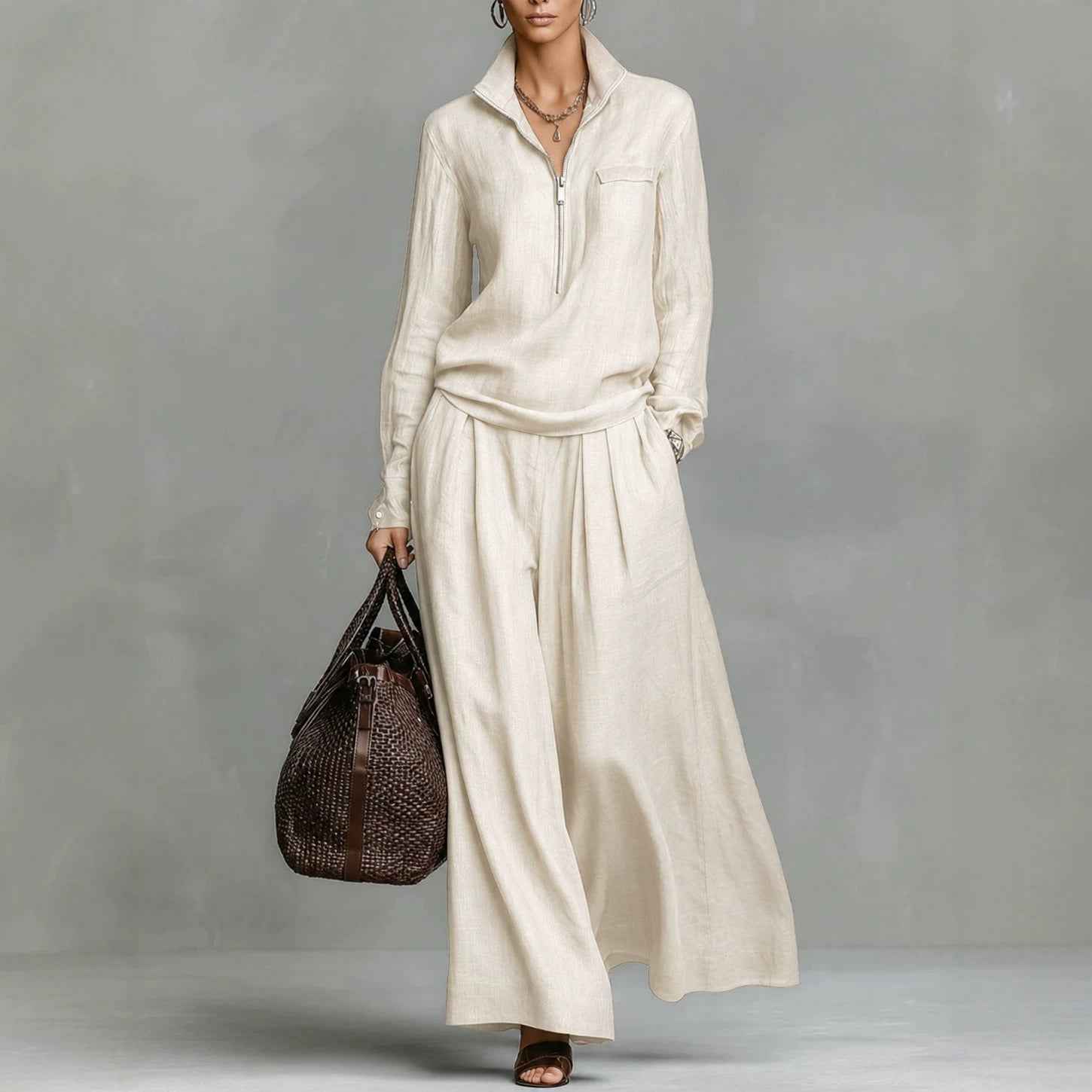 Womens Fashionable Casual Wide-Leg Pants Set With Zippers