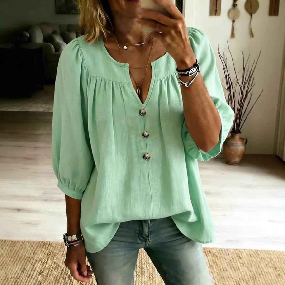 Linen Loose-Fit Buttoned T-Shirt