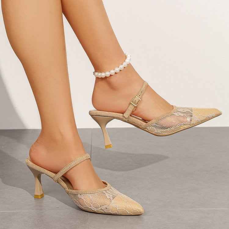 Mesh Pointed Toe Closed Mules — Apricot & Black, EU 35–42