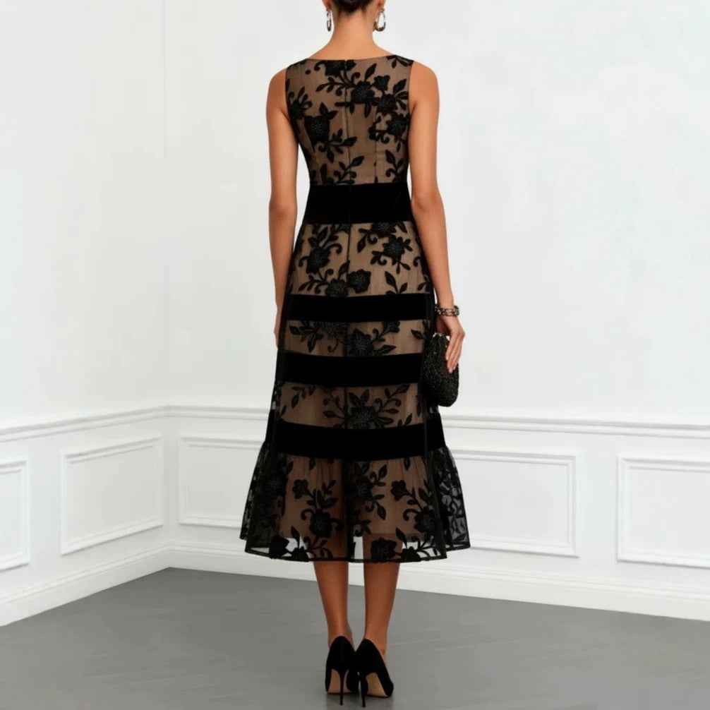 Mesh Flock-Print Jacquard Patchwork Midi Dress — Sleeveless Slim-Fit