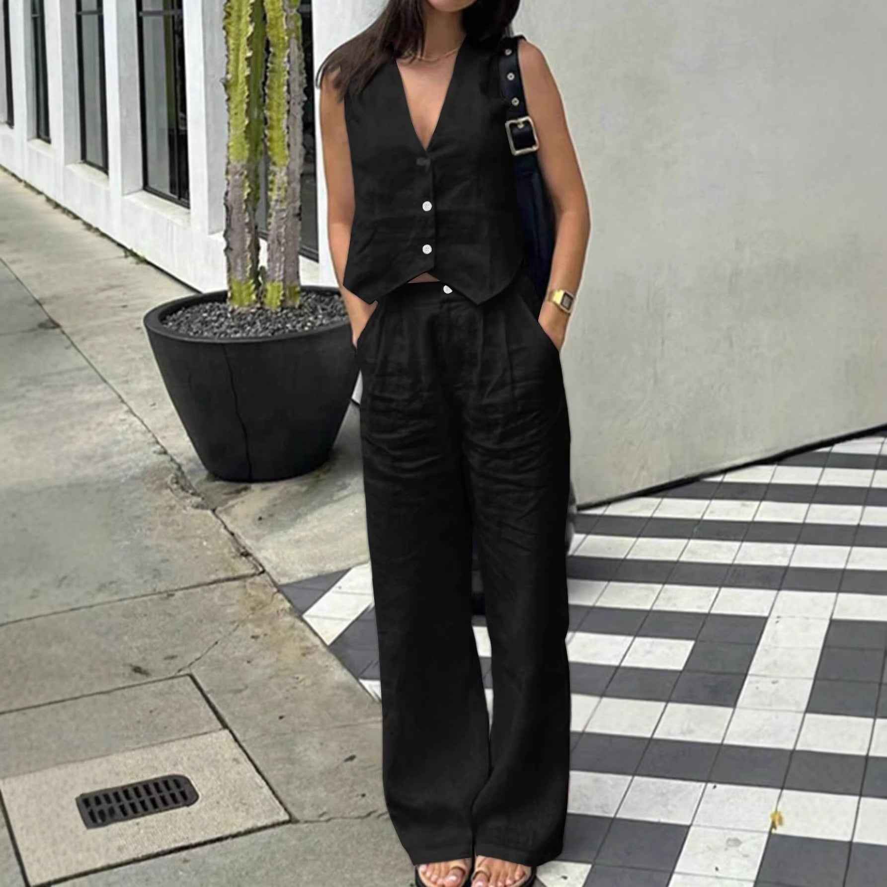 V-Neck Sleeveless Vest & Wide-Leg Pants Two-Piece Set