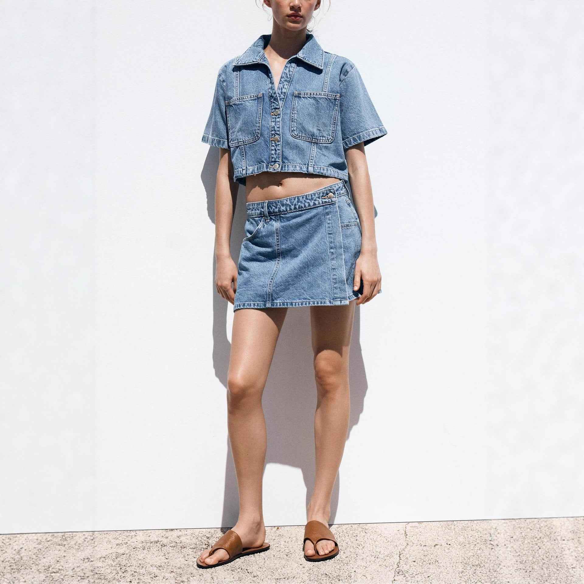 Loose And Comfortable Denim Shirt-Dress And Pants Set