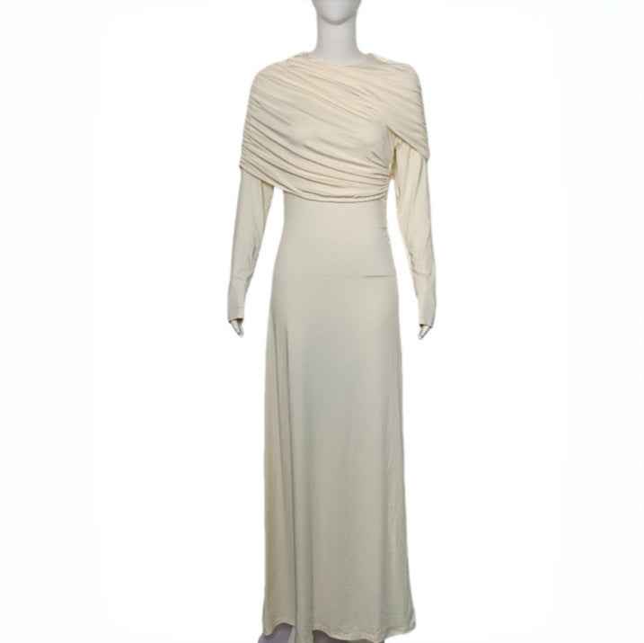 Fashionable Pleated Asymmetric Solid-Color Dress