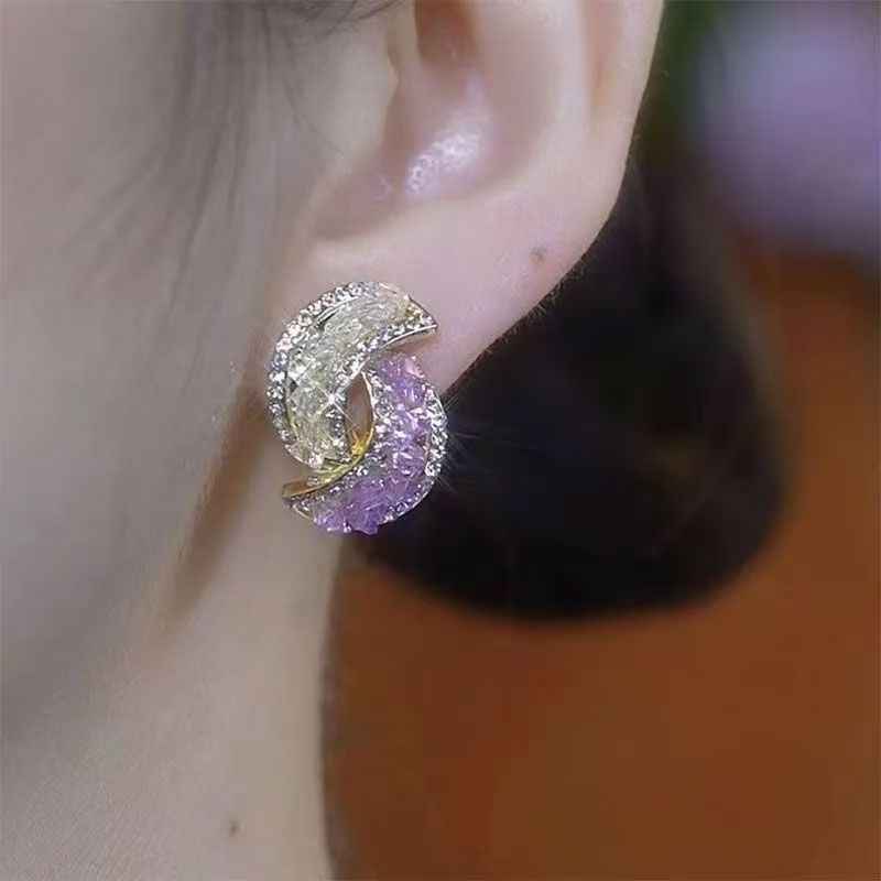 Trendy Purple Rhinestone Color Contrast Studs, Sparkling Niche Earrings For Women