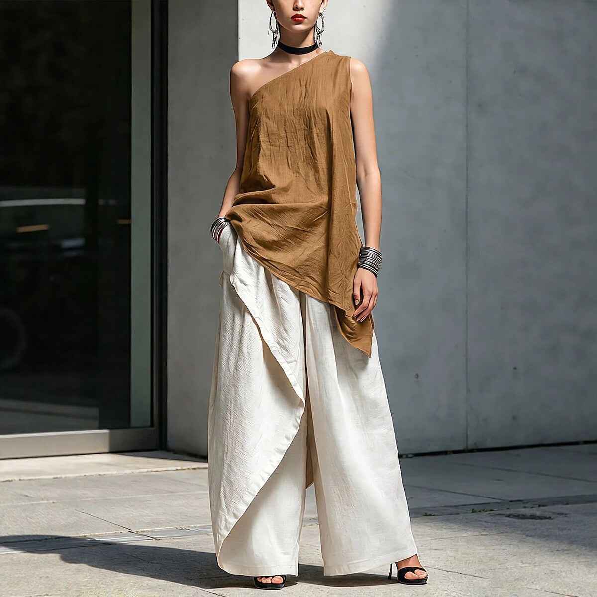 Women's Asymmetric One-Shoulder Pleated Cotton-Linen Top