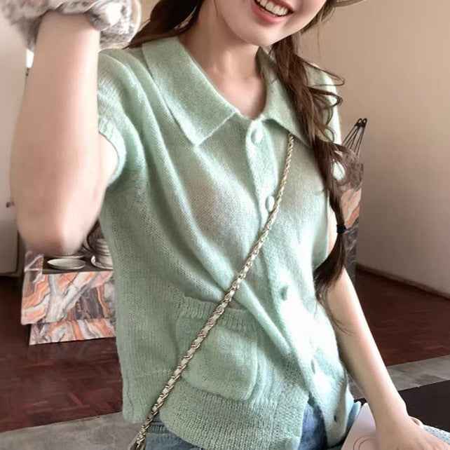 Slim-Fit Lapel Knitted Short-Sleeve Cardigan Top