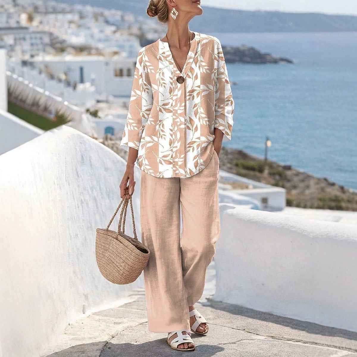 Linen V-Neck Printed Shirt Casual Resort Two-Piece Set