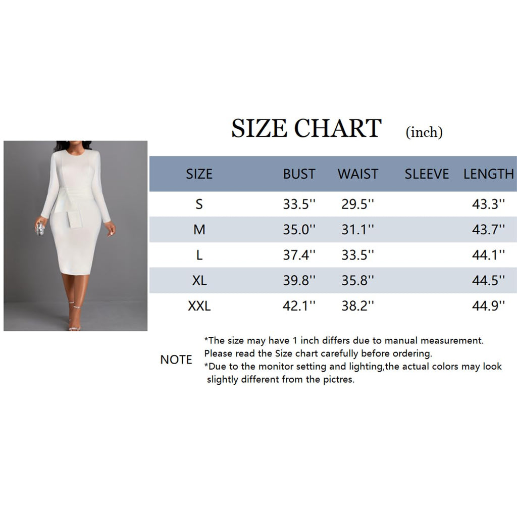 Women's White Long-Sleeve Fitted Midi Dress - S to XXL size chart