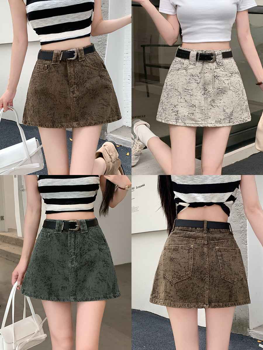 High-Waisted Tie-Dye Denim Skort with Belt – A-Line Mini with Built-in Shorts