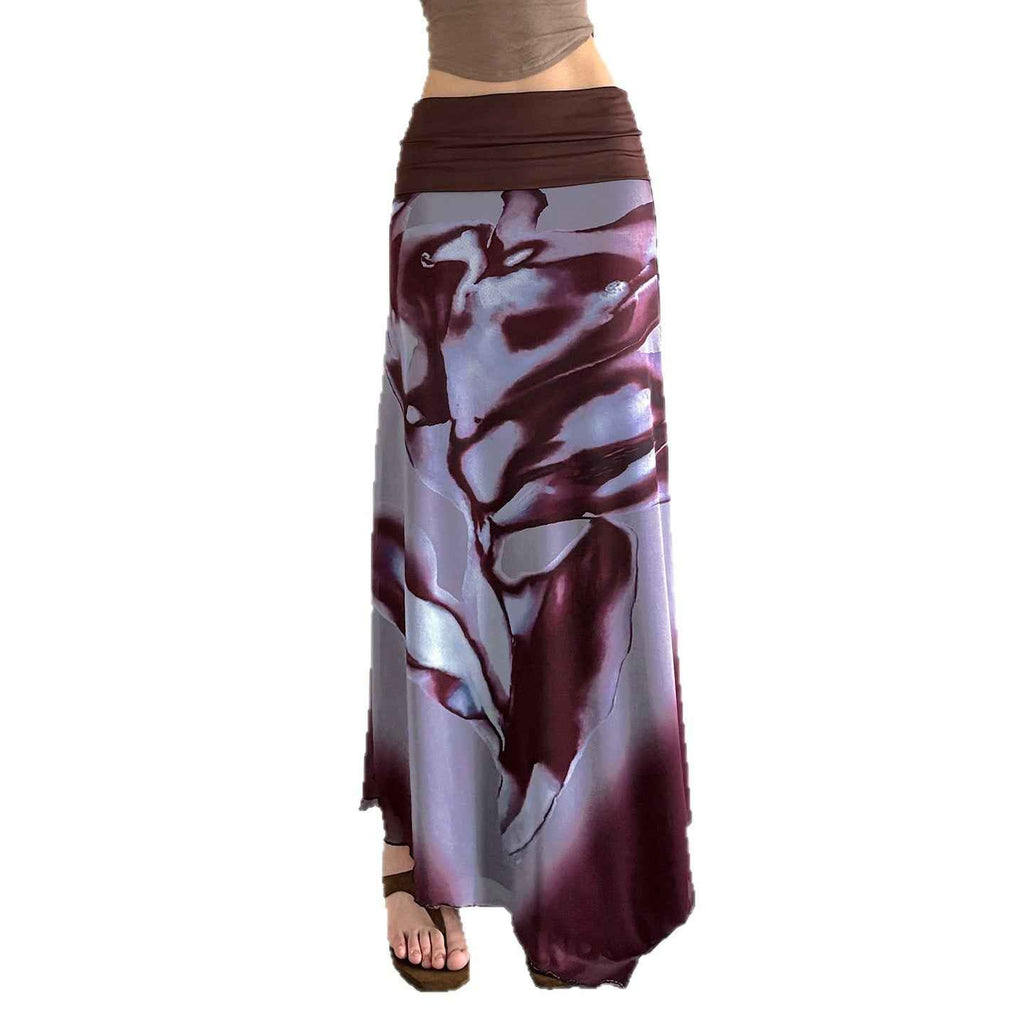 European And American Retro-style Color-block Printed Asymmetrical Skirt