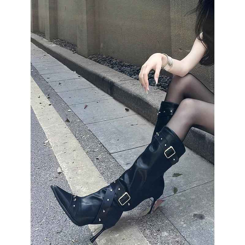 Pointed-Toe Rivet Buckle High-Heel Long Boots