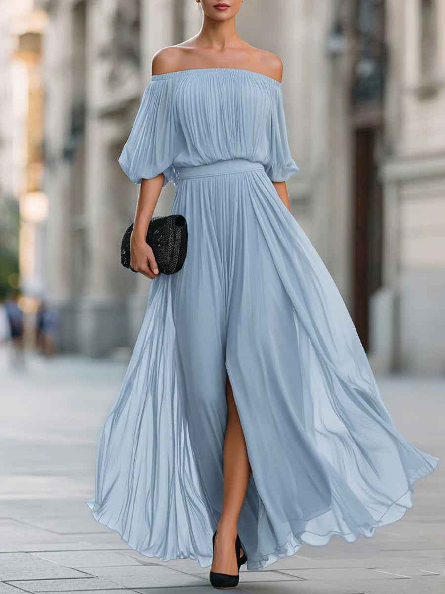 Off-Shoulder Pleated Chiffon Midi Dress — Short Sleeve Slim-Fit