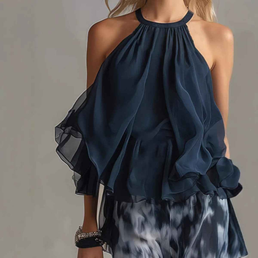 Women's Printed Chiffon Halter Top & Wide-Leg Pants Set — Navy Blue, S–2XL
