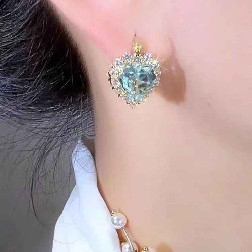 New Super Sparkly Blue Heart Zircon Earrings, Ocean Heart Double Sided Design, Light Luxury High-End Women's Fashion Ear Jewelry