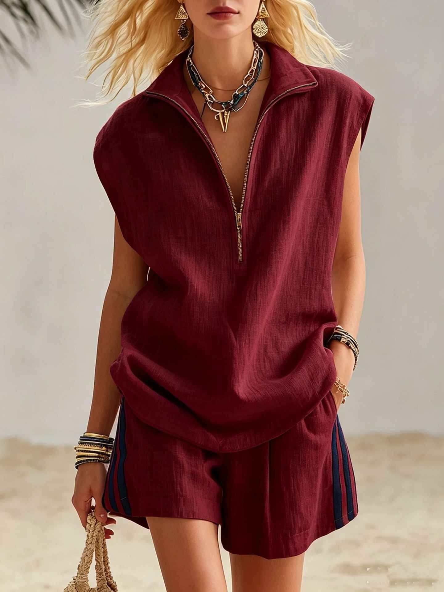 Sleeveless Patchwork Linen Top & Shorts Set – Summer Co-ord
