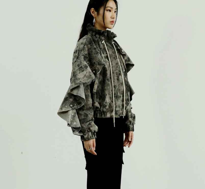 Women's Distressed Ruffled Hem Denim Jacket