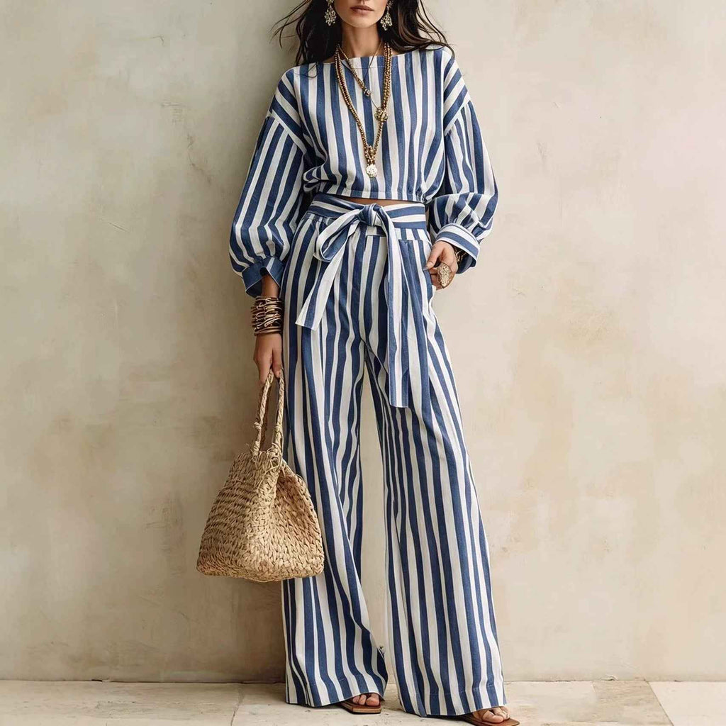 Womens Striped Cropped Top And Casual Lace-up Wide-leg Pants Set