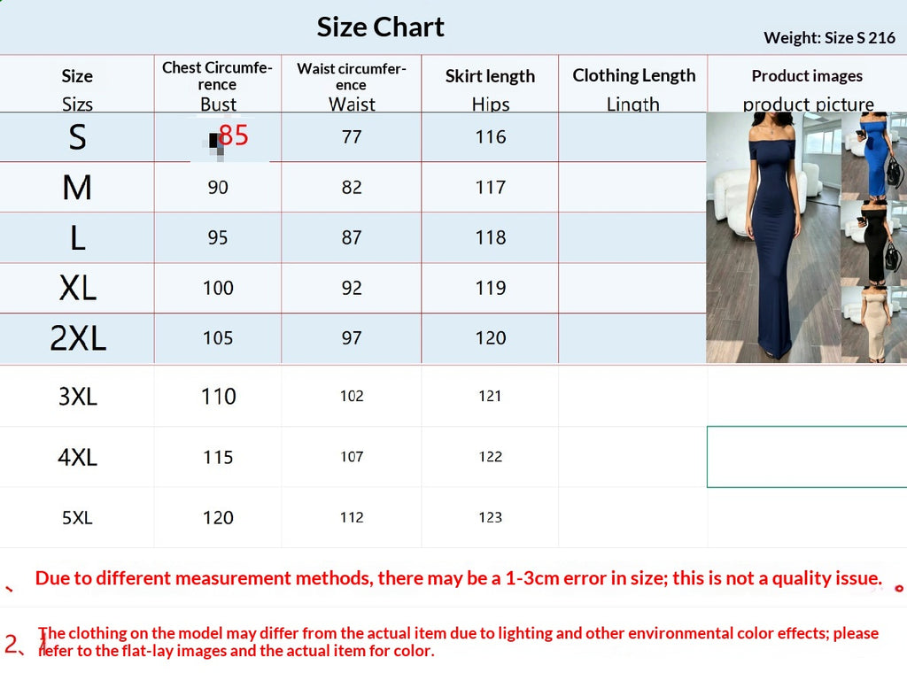 Women's Off-Shoulder Stretch Slim-Fit Long Dress - size chart