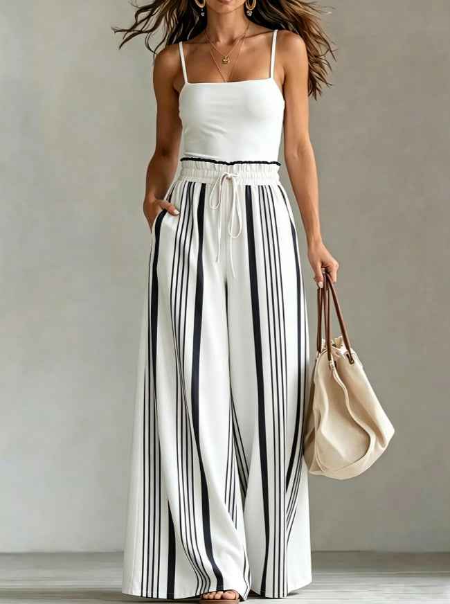 Womens Casual Striped Straight-leg Drawstring Wide-leg Pants