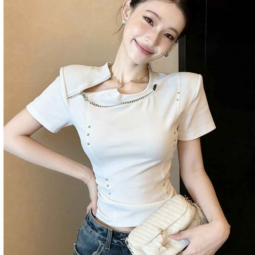Chain-Link Zipper Short Sleeve Top | Women's Cotton T-Shirt
