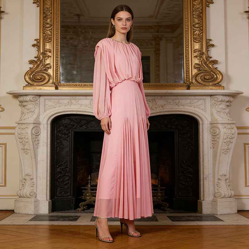 High-Waist Long-Sleeve Pleated Loose A-Line Floor-Length Maxi Dress
