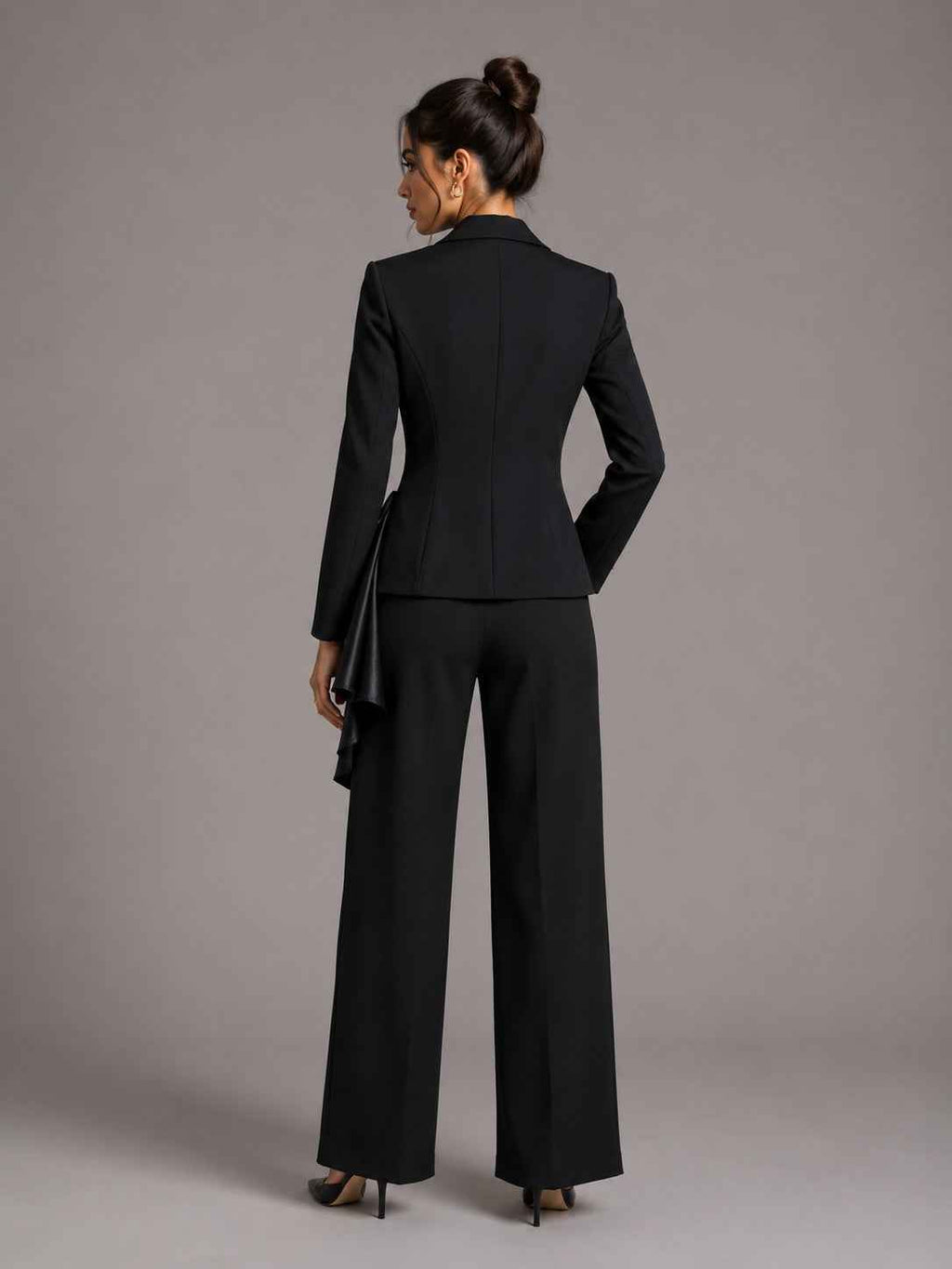 Contrast Satin Bow Rhinestone Trim Fitted Blazer Jacket