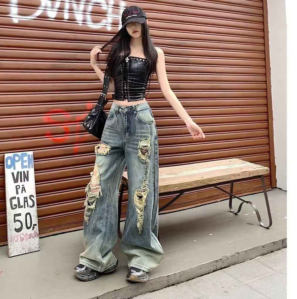Women's High-Waisted Ripped Straight-Leg Jeans – Vintage Blue