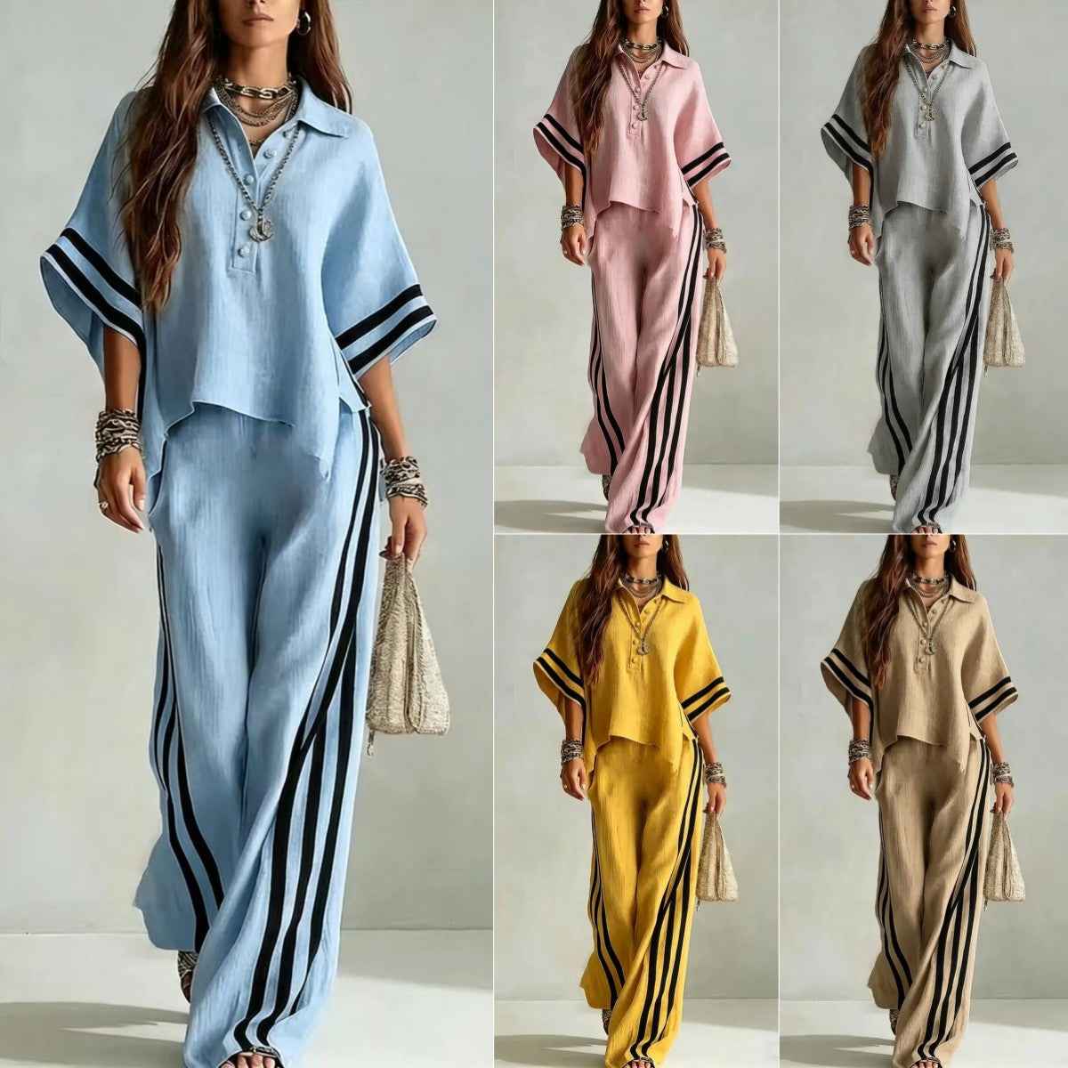 3/4-Sleeve Shirt & Wide-Leg Trousers Set — Plus Size, Commuter Style