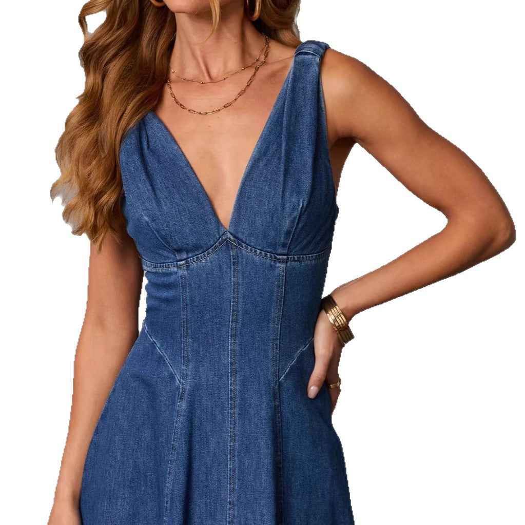 Distressed Denim Halter Mini Dress – Open Back Slim Fit
