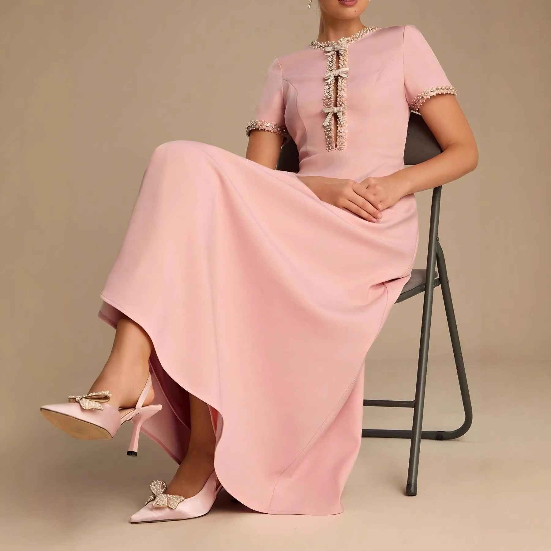 Rhinestone-Embellished A-Line Dress — High Waist, Elegant Office Wear