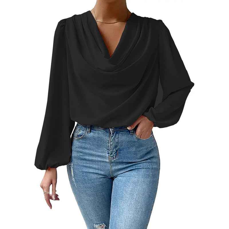 Chiffon Balloon-Sleeve Top — Ruffle Trim Pullover