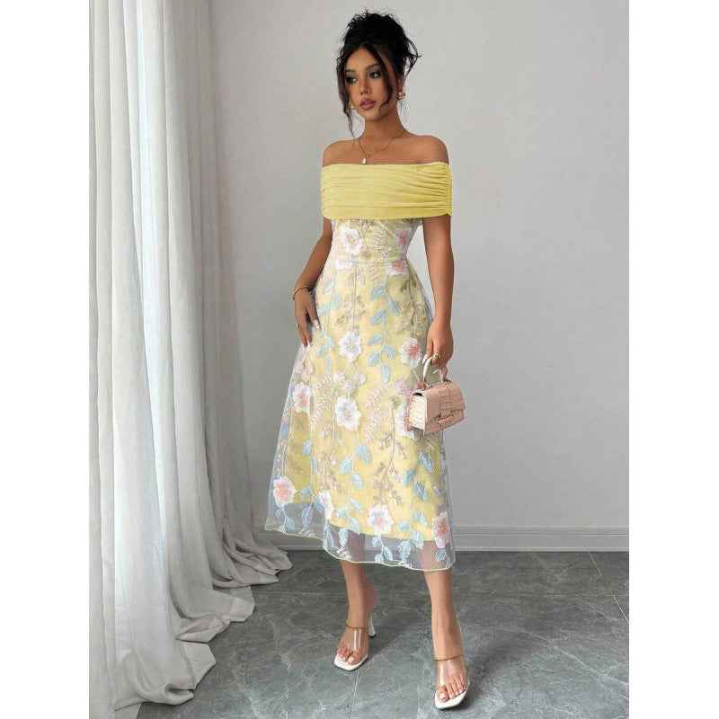 Floral Mesh-Panel High-Waist Pleated Maxi Dress