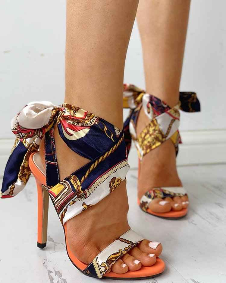 Womens Open-toe Stiletto Heels With Ribbon Detailing