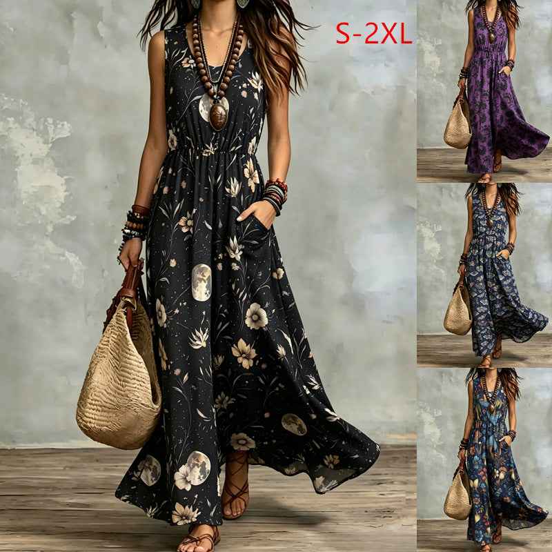 Elegant Sleeveless Printed Long Dress With Pockets